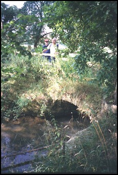 Mick, Peter, vegetation and packhorse bridge.